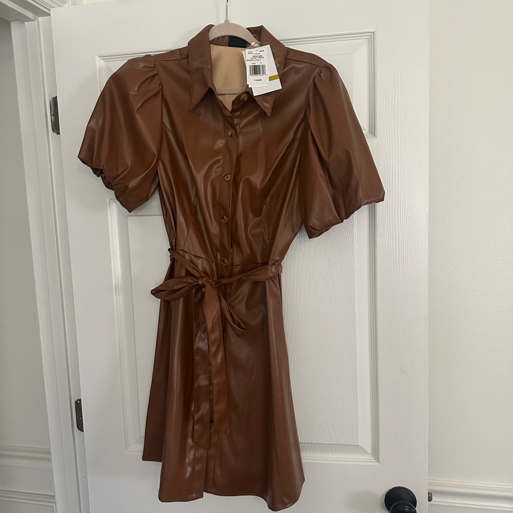 Maison Tara Brown Faux Leather Mini Dress